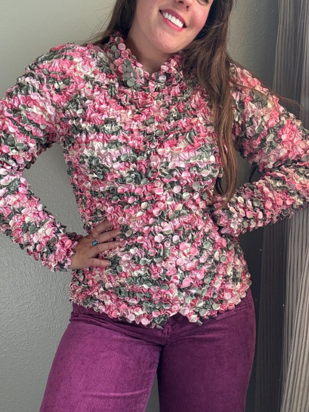 PRICE FIRM Y2K 00s Pink Floral Button Down Scrunchy Stretchy Popcorn Top Small
